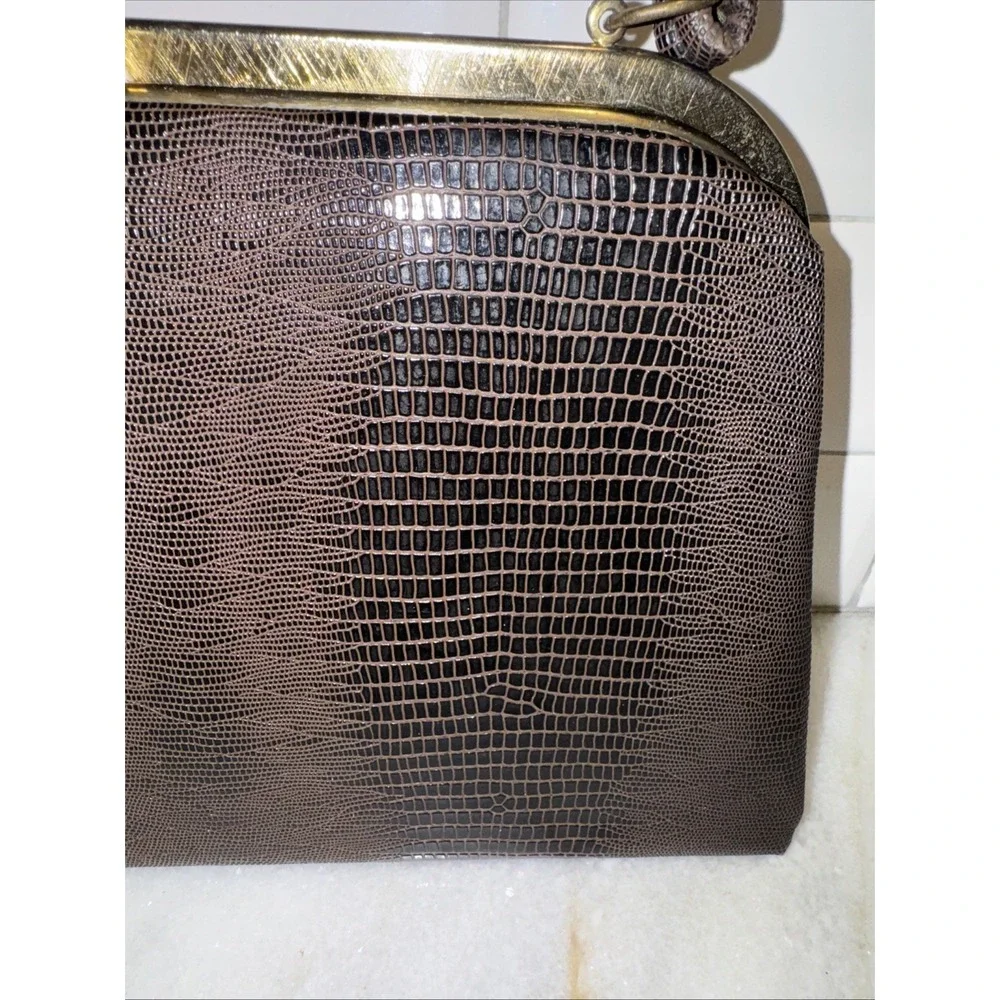 Vintage Dover Brown Faux Croc Reptile Purse Handbag Clamshell Gold HardwareGW997